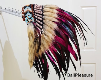 Indian Headdress Pink Replica - Feather Warbonnet - Native American Jewelry Feather Headdress - Festival Costume - Indian Hat - Short Length