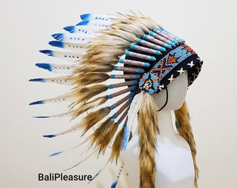 Indian Headdress Turquoise Replica - Feather Warbonnet - Native American Feathers Hat - Festival Costume - Indian Hat - Short Length