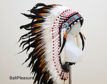 Indian Headdress White & Black Replica - Feather Warbonnet - Native American Feathers Hat - Festival Costume - Indian Hat - Medium Length