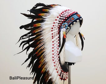 Indian Headdress White & Black Replica - Feather Warbonnet - Native American Feathers Hat - Festival Costume - Indian Hat - Medium Length