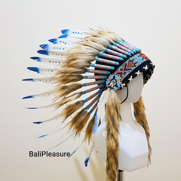 Coiffe indienne Turquoise Replica - Feather Warbonnet - Chapeau de plumes amérindiennes - Costume de festival - Chapeau indien - Longueur courte