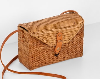 Bali Envelope Rattan Crossbody Bag with Adjustable Leather Strap