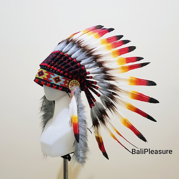 Indian Headdress White Yellow Red & Black - Feather Warbonnet - Native American Feathers Hat - Festival Costume - Indian Hat - Short Length