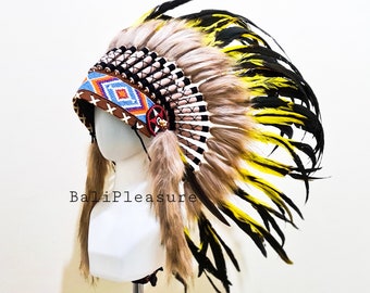 Indian Headdress Yellow Replica - Feather Warbonnet - Native American Feathers Hat - Festival Costume - Indian Hat - Short Length