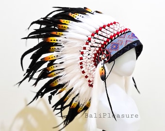 Indian Headdress White & Black Replica - Feather Warbonnet - Native American Feathers Hat - Festival Costume - Indian Hat - Short Length