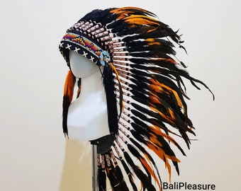 Indian Headdress Black & Orange Replica - Feather Warbonnet - Native American Feathers Hat - Festival Costume - Indian Hat - Medium Length