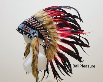 Indian Headdress Red Replica - Feather Warbonnet - Native American Feathers Hat - Festival Costume - Indian Hat - Short Length