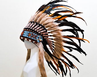 Indian Headdress Orange Replica - Feather Warbonnet - Native American Feathers Hat - Festival Costume - Indian Hat - Short Length