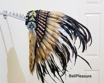 Indian Headdress Black Replica - Feather Warbonnet - Native American Feathers Hat - Festival Costume - Indian Hat - Short Length