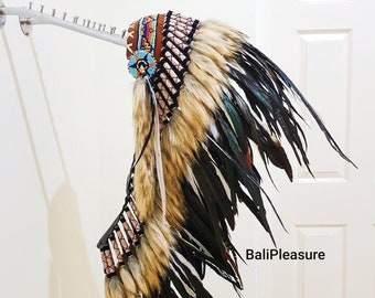 Indian Headdress Black Replica - Feather Warbonnet - Native American Feathers Hat - Festival Costume - Indian Hat - Medium Length