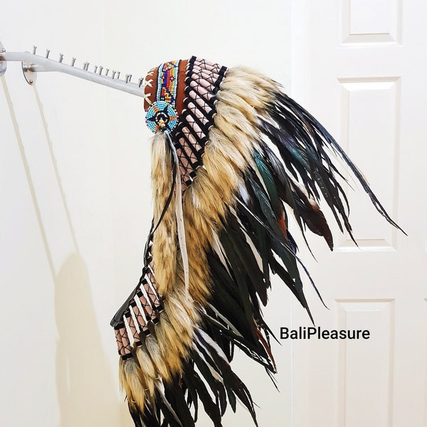 Indian Headdress Black Replica - Feather Warbonnet - Native American Feathers Hat - Festival Costume - Indian Hat - Medium Length