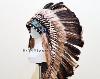 Indian Headdress Turkey Feathers - Feather Warbonnet - Native American Feathers Hat - Festival Costume - Indian Hat - Medium Length