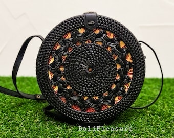 Black Round Rattan Bag With Braid Pattern - Bali Bag - Straw Bag - Handwoven Shoulder Bag - Boho Summer Purse - Bohemian Crossbody Bag