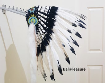 Indian Headdress White & Black - Feather Warbonnet - Native American Feathers Hat - Festival Costume - Indian Hat - Short Length