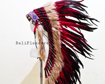 Indian Headdress Red Replica - Feather Warbonnet - Native American Feathers Hat - Festival Costume - Indian Hat - Medium Length