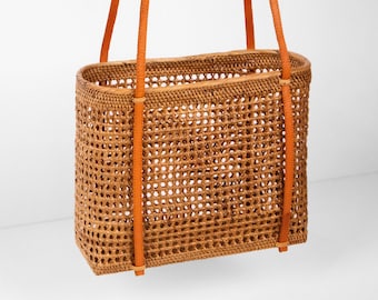 Net Rattan Bag - Bali Handbag - Straw Bag - Handwoven Beach Tote Bag - Boho Summer Purse - Bohemian Handbag - Boho Bohemian Straw Basket