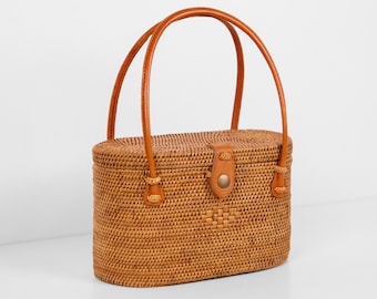 Cylin Rattan Bag With Leather Handle - Bali Bag - Straw Bag For Women - Handwoven Rattan Tote Bag - Boho Summer Purse - Bohemian Handbag