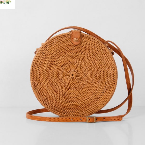 Okrągła torba rattanowa-torba bali-torba ze słomy-tkana torba na ramię-torba letnia Boho-torebka Boho Crossbody-prezenty świąteczne-torba plażowa