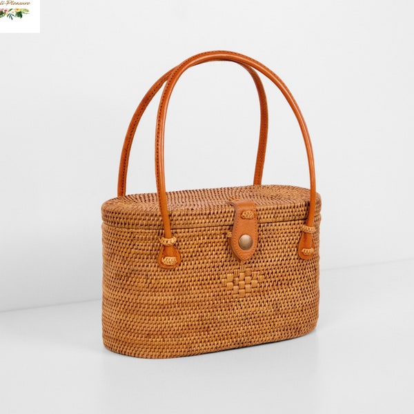 Cylin Rattan Bag With Leather Handle - Bali Bag - Straw Bag For Women - Handwoven Rattan Tote Bag - Boho Summer Purse - Bohemian Handbag