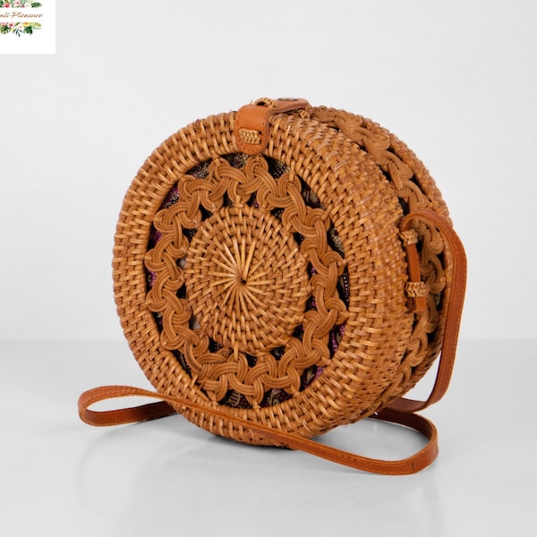 Sac rond en rotin, motif tressé, sac Bali, sac en paille, sac à bandoulière tissé, sac d'été bohème, sac à main bohème à bandoulière, sac de plage tendance