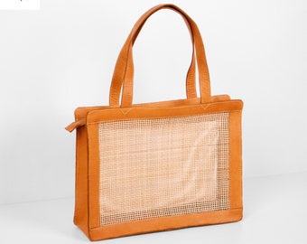 Mika Ledertasche, Boho Rattan Korb, handgewebte Henkeltasche, Sommer Einkaufstasche, Strand Lederhandtasche, Stroh Tasche, Schultertasche aus Rattan