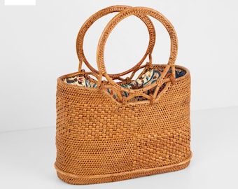 Sac en rotin Sundung Batik - Panier en rotin Boho - Sac à poignée supérieure tissé à la main - Sac de paille d’été - Sac à main en rotin Boho Bali - Cadeau pour elle