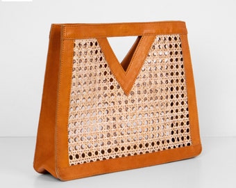 Sac bohème en cuir et rotin fait main, avec poignée supérieure tressée