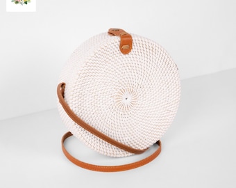 Handwoven White Rattan Bag – Round Bali Straw Crossbody Purse