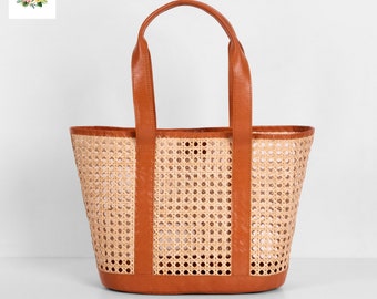 Elisa Leather Bag, Boho Rattan Basket, Handwoven Top Handle Bag, Summer Tote Bag, Bohemian Leather Handbag, Straw Bag, Shoulder See Thru Bag