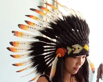 Indian Headdress White Orange & Black - Feather Warbonnet - Native American Feathers Hat - Festival Costume - Indian Hat - Short Length