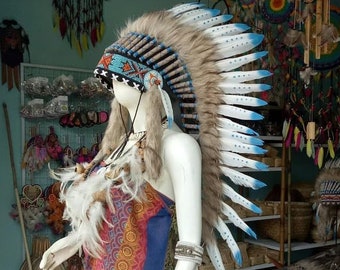 Indian Headdress White & Blue Replica - Feather Warbonnet - Native American Feathers Hat - Festival Costume - Indian Hat - Medium Length