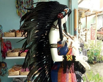 Indian Headdress Full Black Replica - Feather Warbonnet - Native American Feathers Hat - Festival Costume - Indian Hat - Long Length