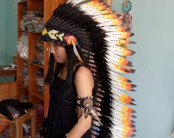 Indian Headdress White Orange & Black - Feather Warbonnet - Native American Feathers Hat - Festival Costume - Indian Hat - Long Length