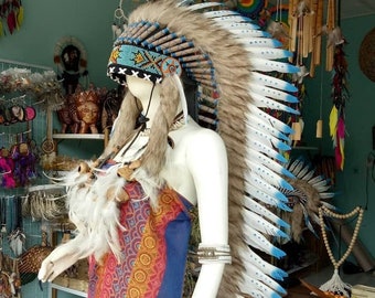 Indian Headdress Blue Replica - Feather Warbonnet - Native American Feathers Hat - Festival Costume - Indian Hat - Long Length