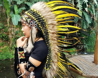 Indian Headdress Yellow Replica - Feather Warbonnet - Native American Feathers Hat - Festival Costume - Indian Hat - Medium Length