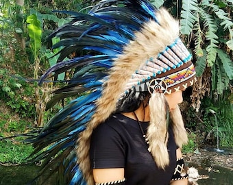 Blauwe veren indianentooi - Feestmuts