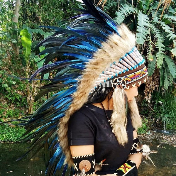 Coiffe indienne Réplique bleue - Bonnet de guerre en plumes - Chapeau de plumes amérindiennes - Costume de festival - Chapeau indien - Longueur moyenne