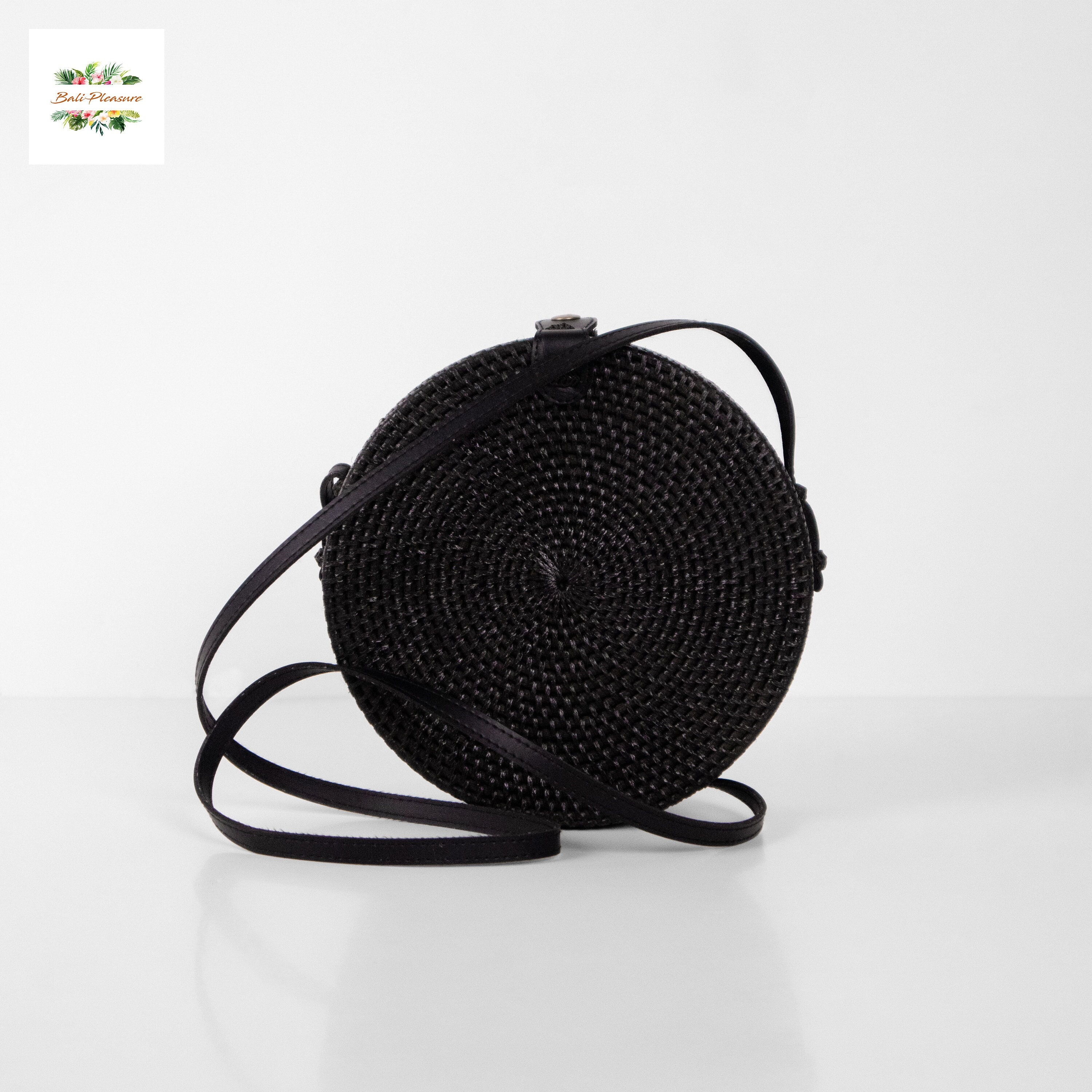 Black Round Rattan Bag (Medium) - Black Sling - Rattan Bag Straw Purse Boho Wicker Bali Woven Handbag by Novum Crafts