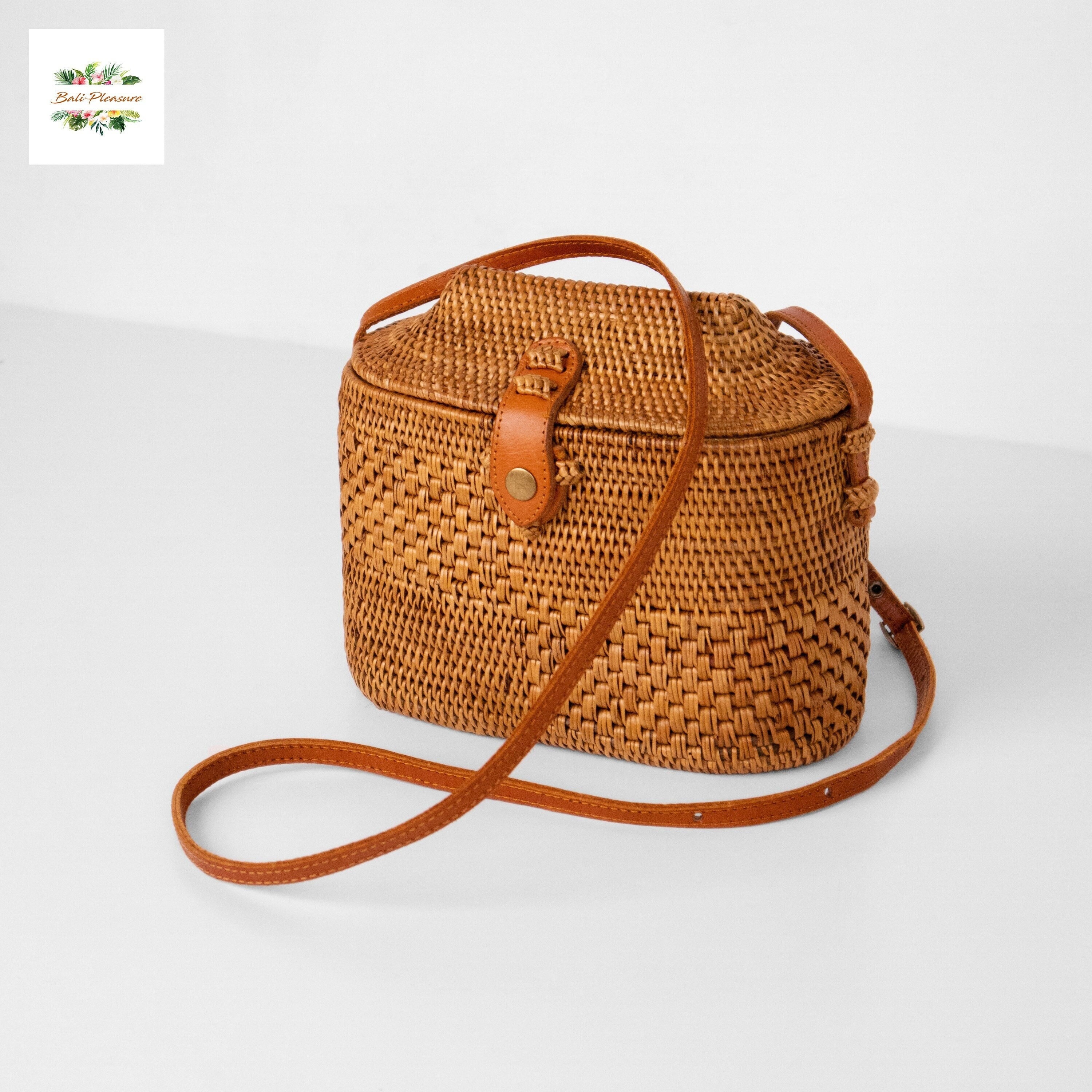 Miniature wicker rattan summer straw hand bag with leather