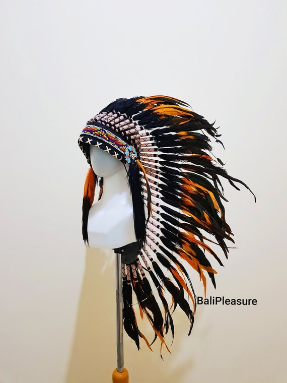 Indian Headdress White Yellow Red & Black Feather Warbonnet Native American  Feathers Hat Festival Costume Indian Hat Short Length 