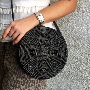 Black Flower Round Rattan Bag Bali Bag Straw Bag - Etsy