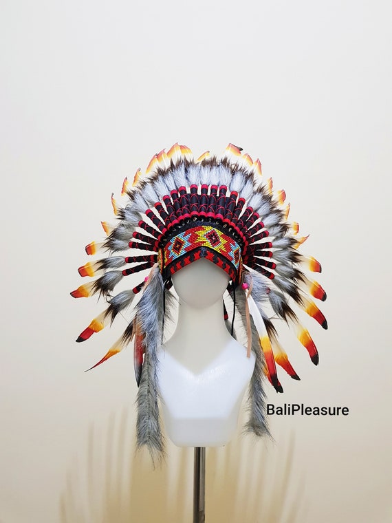 Indian Headdress White Yellow Red & Black Feather Warbonnet Native American  Feathers Hat Festival Costume Indian Hat Short Length 