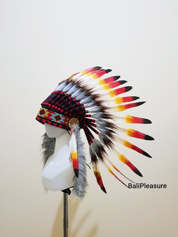 Indian Headdress White Yellow Red & Black Feather Warbonnet Native