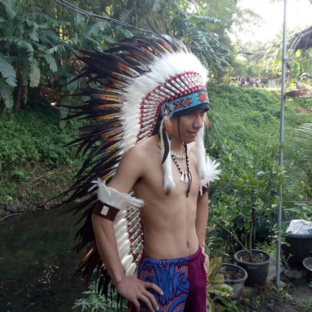 Indian Headdress White Black Replica Feather Warbonnet Native American Feathers Hat Festival Costume Indian Hat Long Length Etsy Canada