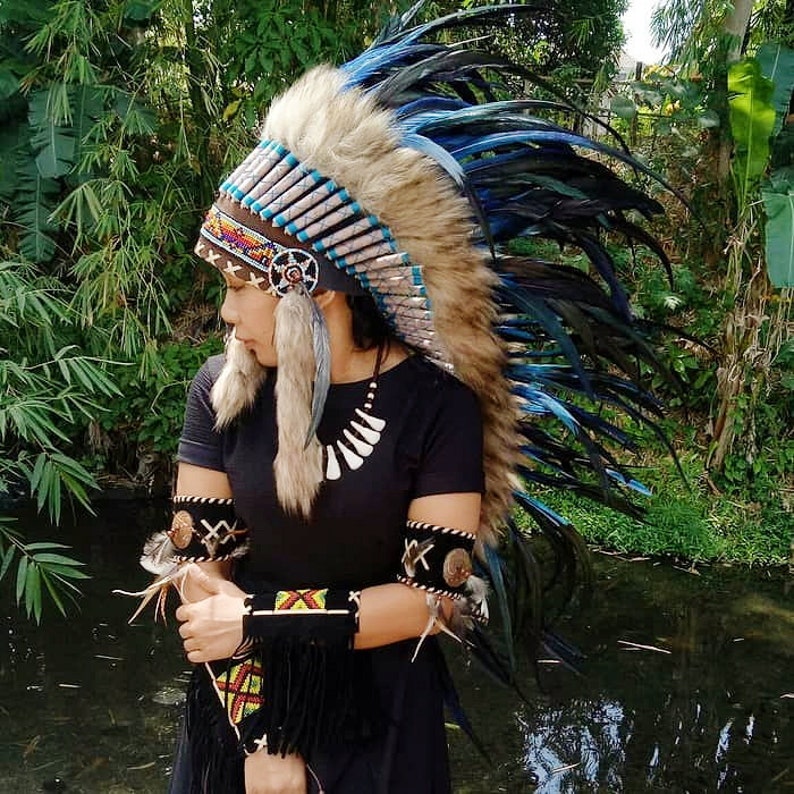 Indian Headdress Blue Replica Feather Warbonnet Native American Feathers Hat Festival Costume Indian Hat Medium Length image 3