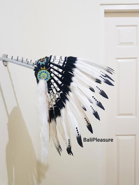 Indian Headdress White Black Feather Warbonnet Native