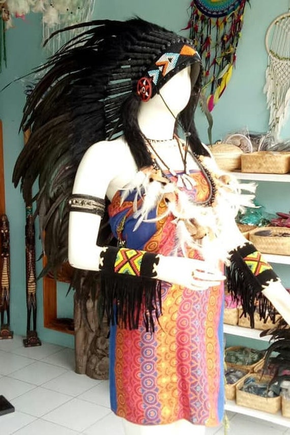 Indian Headdress Full Black Replica Feather Warbonnet Native
