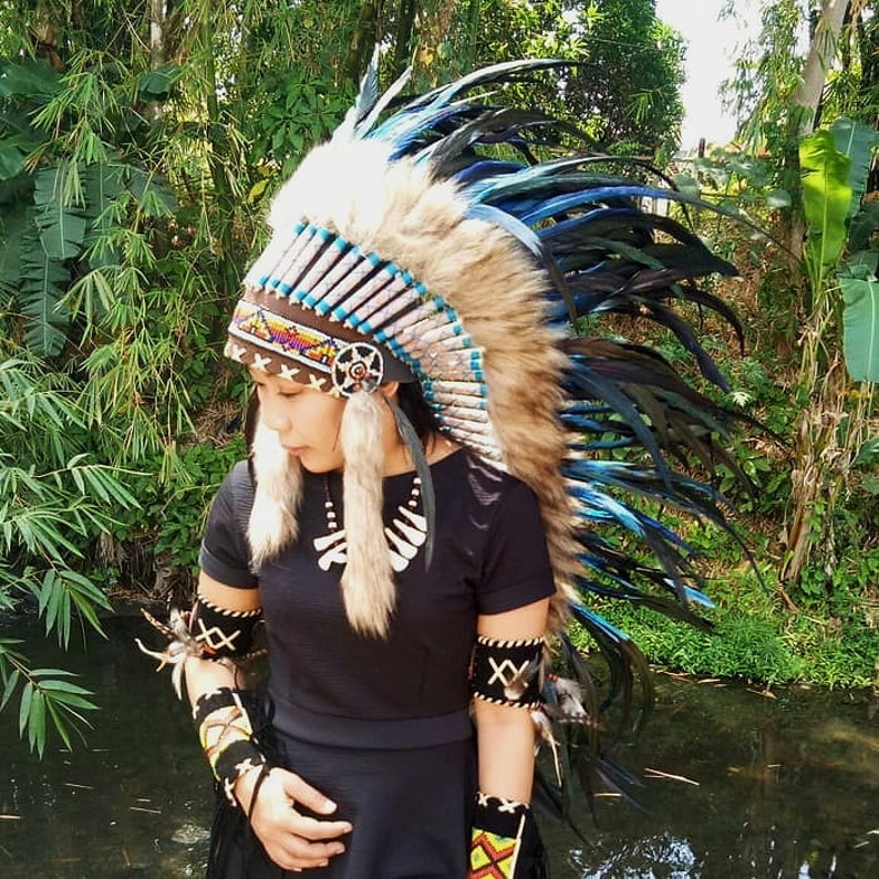 Indiase hoofdtooi blauwe replica Feather Warbonnet Native American Feathers Hat Festivalkostuum Indian Hat gemiddelde lengte afbeelding 2