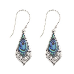 Diamond Abalone Earrings - Natural Paua Abalone Teardrop Earring - Bali Sterling Silver Shell Earrings - Boho Summer Jewelry - Gift For Her