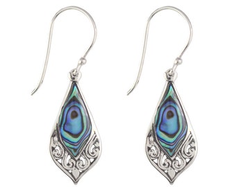 Diamond Abalone Earrings - Natural Paua Abalone Teardrop Earring - Bali Sterling Silver Shell Earrings - Boho Summer Jewelry - Gift For Her